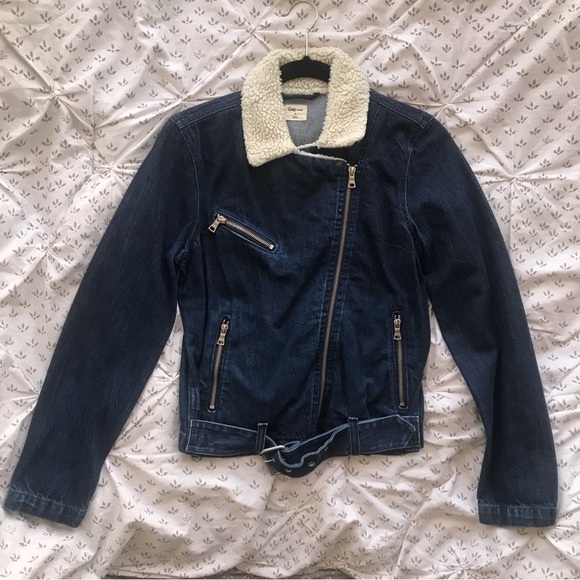 GAP 1969 Denim Sherpa Collar Moto Jacket Belt Buckle Pockets Size S Beautiful - Picture 1 of 5